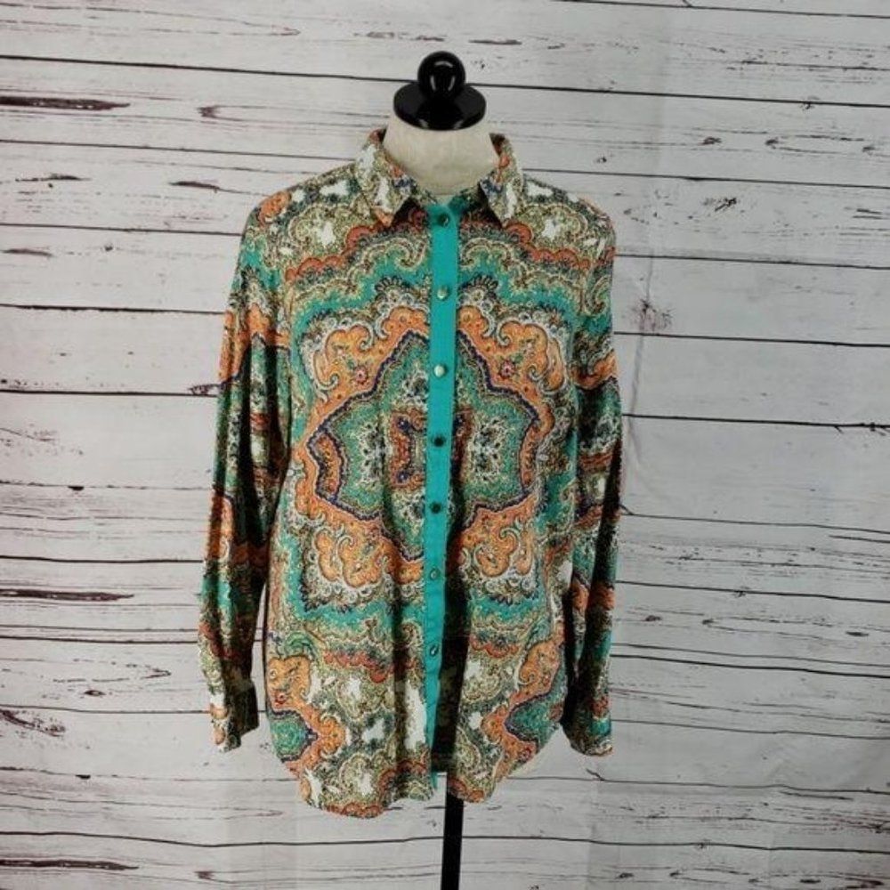 Jaclyn Smith button down teal orange paisley Long Sleeve Boho Shirt